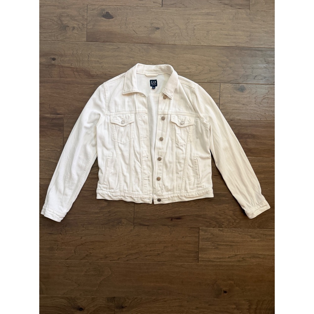 Gap‎ Denim Jacket Womens M White 100% Cotton Solid Trucker Classic Layer Pocket